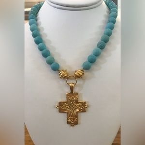 Susan Shaw Gold Cross on Matte Turquoise Necklace